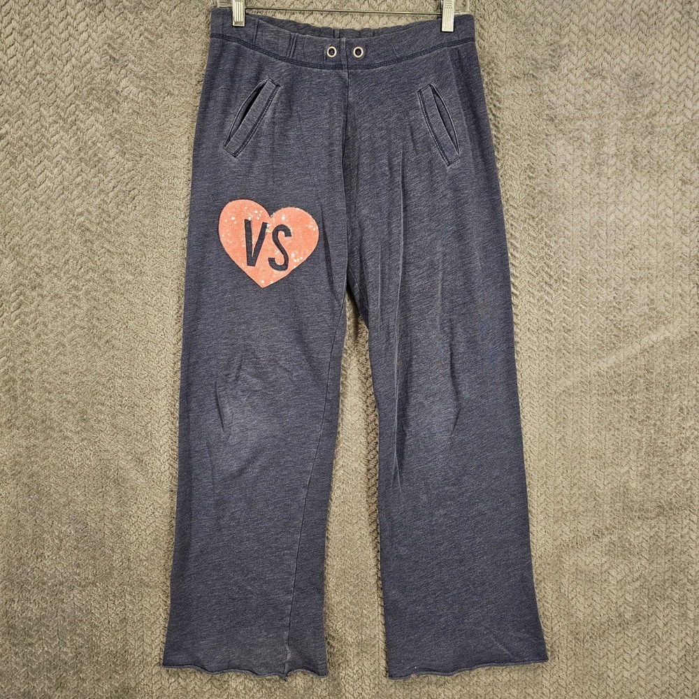 Victorias Secret Y2K Women XS Sweatpants Heather Navy Blue Sequin Heart Wide Leg